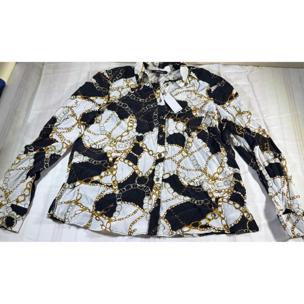 Karen Millen Chain Print Blouse Black White Gold Button Down Shirt US 8 NEW